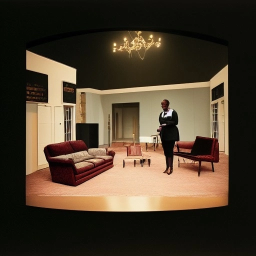 03487-2620679731-a stage set with a man and a woman standing on a stage in front of a couch and chairs, by Carrie Mae Weems.webp